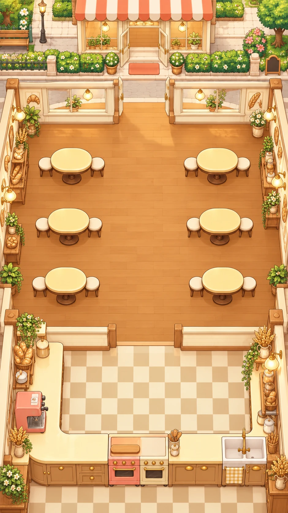 奶油烘焙屋，六张餐桌与完整厨房的游戏场景