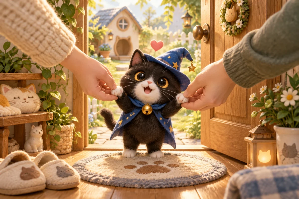 猫猫小窝引导插画：两位主人在暖光房间共同陪伴魔法猫