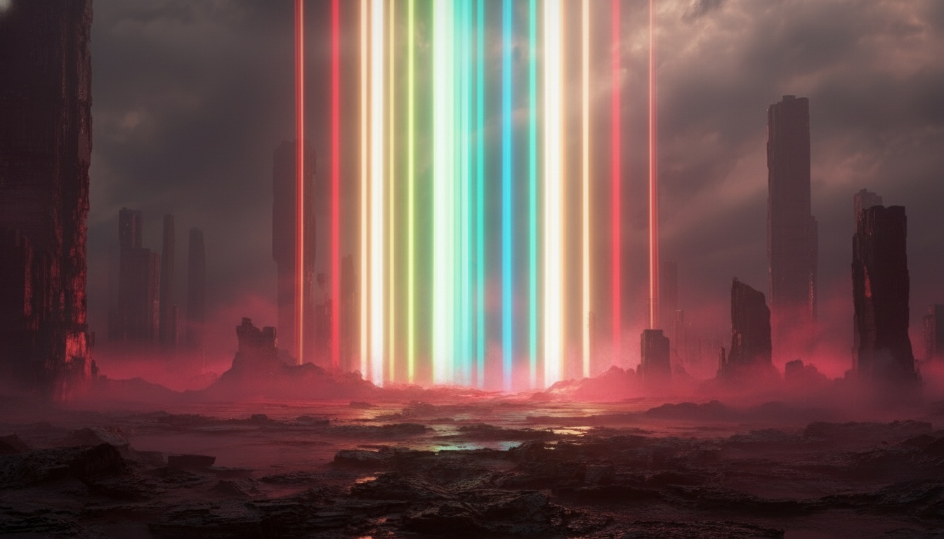 A spectrum of colored light rising through a cinematic landscape
