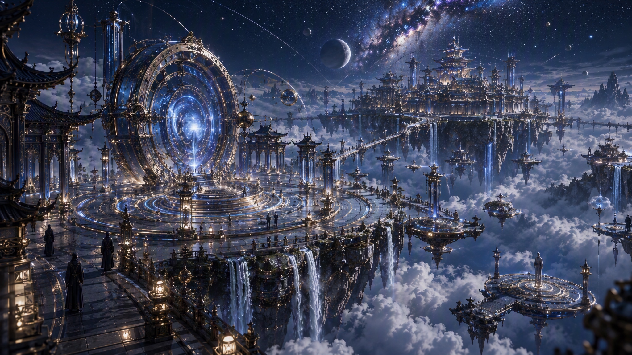 天衍宗传送门悬于云层之上，星空下的浮空建筑由桥梁连接