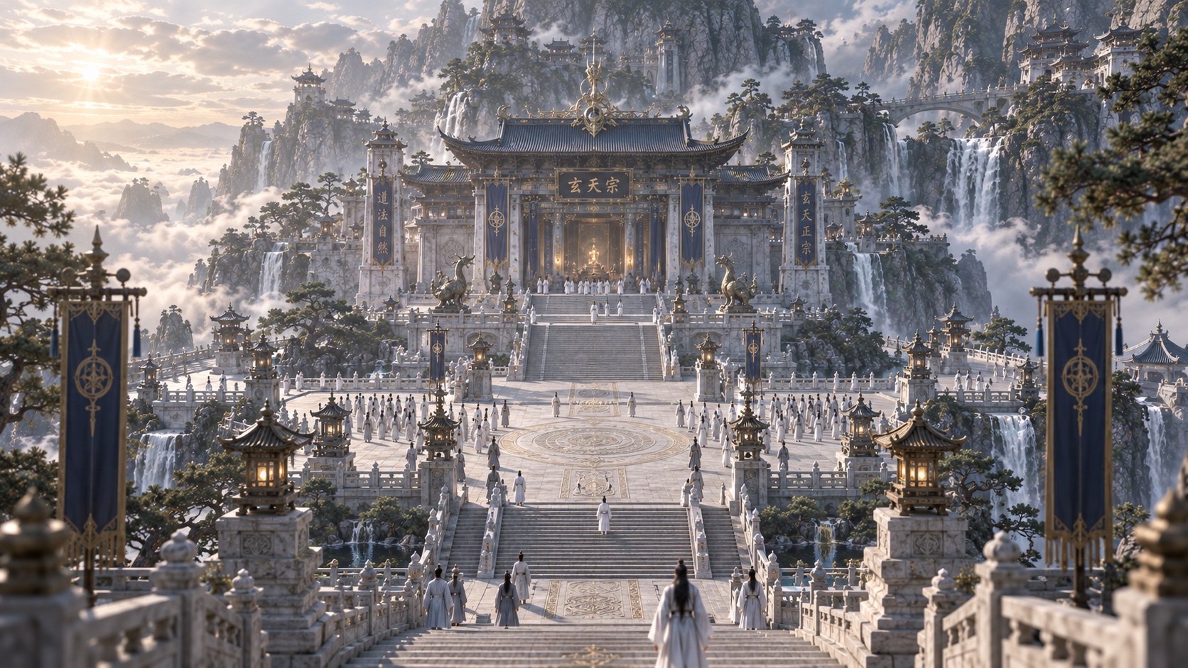 玄天殿前广场，弟子沿石阶走向主殿，两侧瀑布环绕